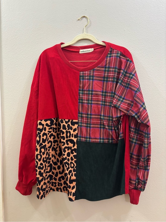 Southern Grace Tops - Southern Grace Red Patchwork Pullover with Plaid & Leopard